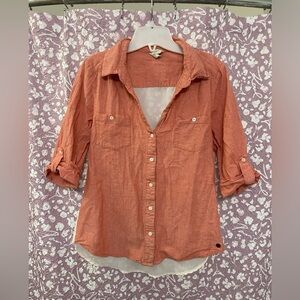 (S1) Tommy Girl Large Peach/White Fitted Sheer Back 3/4 Sleeve Button Down